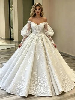 White Ball Gown Tulle Lace Long Sleeve Wedding Dress