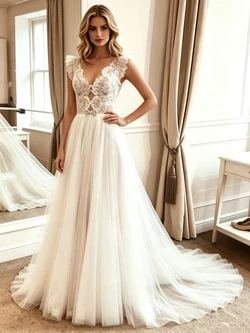 White Tulle Lace Backless Wedding Dress