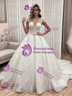 White Tulle Lace Cap Sleeve Wedding Dress
