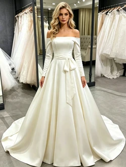 Ivory Satin Long Sleeve Wedding Dress