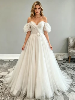 Beige Wite Tulle Off the Shoulder Wedding Dress
