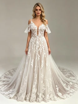 White Tulle Straps Appliques Wedding Dress