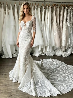 White Mermaid Lace Short Sleeve Wedding Dress
