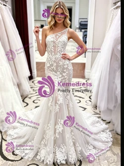White Mermaid Tulle Lace One Shoulder Wedding Dress