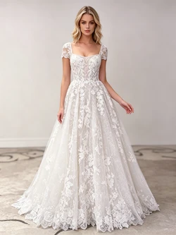 White Tulle Appliques Cap Sleeve Wedding Dress