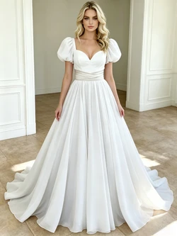White Puff Sleeve Square Neck Wedding Dress