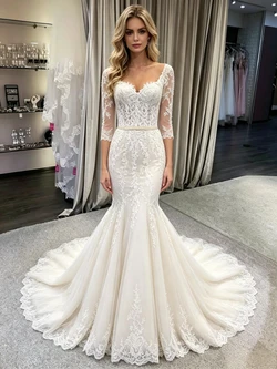 White Mermaid Tulle Lace Short Sleeve Wedding Dress