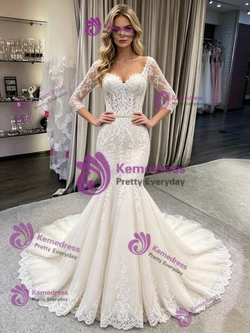 White Mermaid Tulle Lace Short Sleeve Wedding Dress