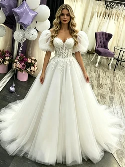 Sexy White Tulle Puff Sleeve Wedding Dress