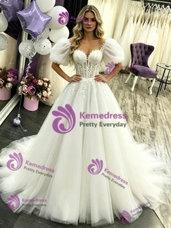 Sexy White Tulle Puff Sleeve Wedding Dress