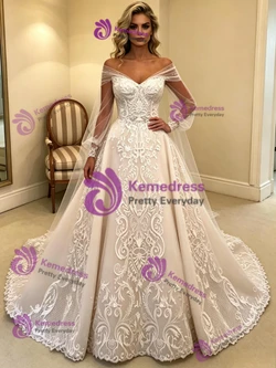 Long Sleeve Tulle Appliques Wedding Dress