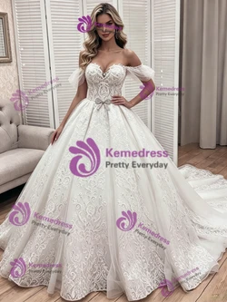 White Tulle Off the Shoulder Appliques Wedding Dress
