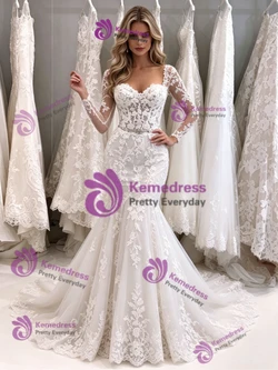 White Mermaid Tulle Appliques Long Sleeve Wedding Dress