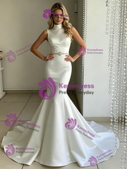 White Mermaid Satin High Neck Wedding Dress
