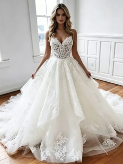White Tulle Spaghetti Straps Wedding Dress
