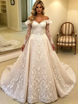 Beige White Tulle Appliques Off the Shoulder Wedding Dress