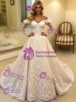 Beige White Tulle Appliques Off the Shoulder Wedding Dress