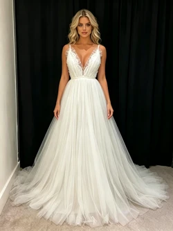 White Tulle Spaghetti Straps Pleats Wedding Dress
