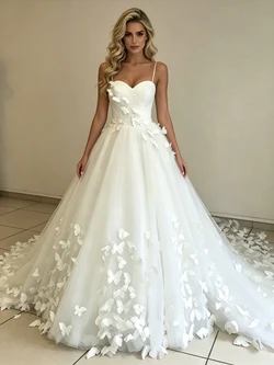 White Tulle Spaghetti Straps Butterfly Wedding Dress