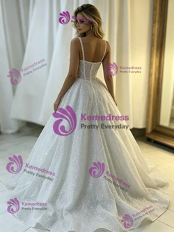 White Sequins Spaghetti Straps Wedding Dress