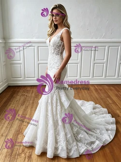 White Mermaid Tulle Lace V-neck Wedding Dress