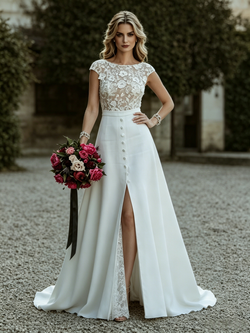 White Cap Sleeve Lace Wedding Dress
