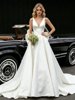 White Satin V-neck Wedding Dress
