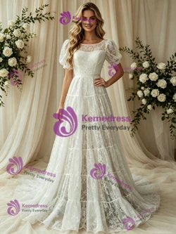 White Lace Puff Sleeve Wedding Dress