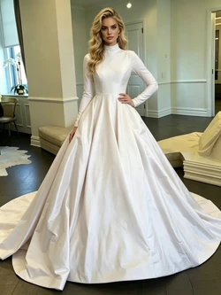 White Satin High Neck Long Sleeve Wedding Dress