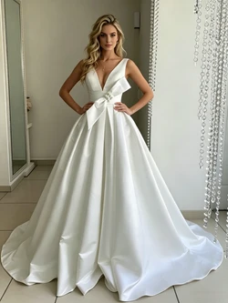White Satin V-neck Wedding Dress