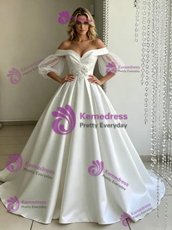 White Satin Puff Sleeve Appliques Wedding Dress