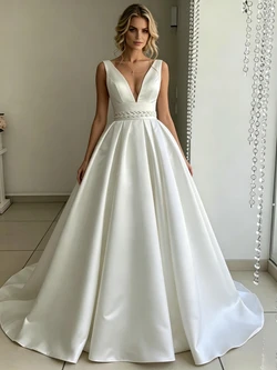 White Satin V-neck Wedding Dress