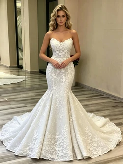 White Mermaid Lace Strapless Wedding Dress