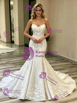 White Mermaid Lace Strapless Wedding Dress