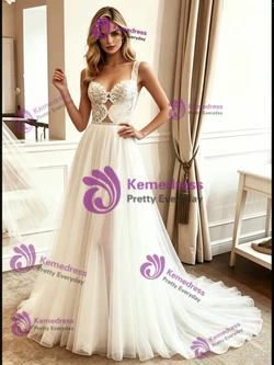 White Tulle Lace Straps Wedding Dress