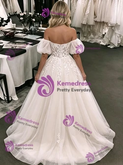 White Tulle Appliques Puff Sleeve Wedding Dress