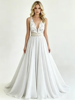 White Chiffon Lace V-neck Wedding Dress