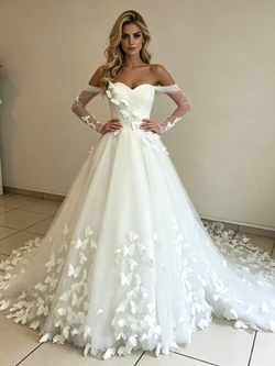 White Tulle Off the Shoulder Long Sleeve Wedding Dress