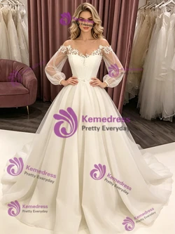 White Tulle Spaghetti Straps Long Sleeve Wedding Dress