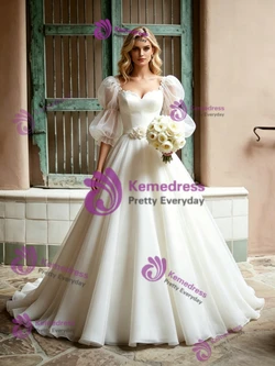Beige White Tulle Long Sleve Wedding Dress