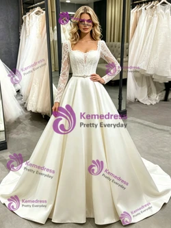 Beige White Satin Lace Long Sleeve Wedding Dress