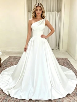White Satin One Shoulder Wedding Dress