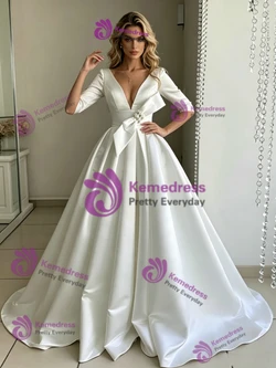 White Satin V-neck Short Sleeve Wedding Dress