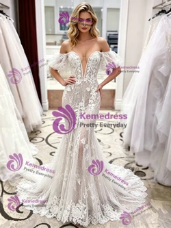 White Mermaid Lace Puff Sleeve Wedding Dress