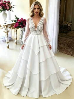 White Long Sleeve V-neck Lace Wedding Dress