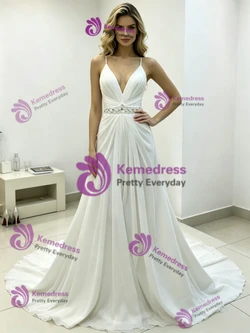 White Chiffon Spaghetti Straps Pleats Wedding Dress