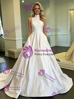 White High Neck Satin Wedding Dress