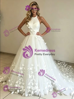 White Tulle Halter Backless Butterfly Wedding Dress