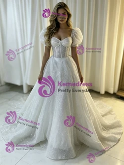 White Sequins Puff Sleeve Wedding Dress