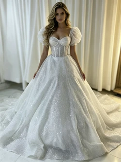 White Sequins Puff Sleeve Wedding Dress